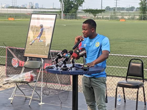 Jean-Paul Murhabazi paid tribute to his friend and soccer teammate, Mohamed Yusuf Abdullahi, at a public memorial Saturday. (Chris Kitching / Free Press)