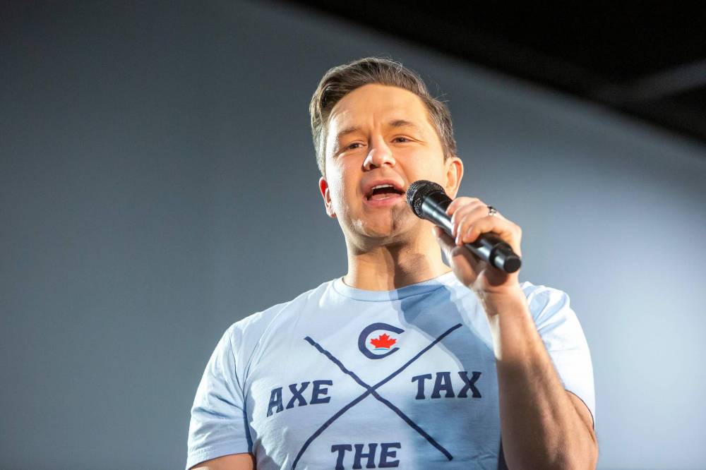 BROOK JONES / FREE PRESS
                                Conservative Party of Canada Leader Pierre Poilievre talks to supporters during his ‘Spike the Hike - Axe the Tax’ rally at the RBC Convention Centre in Winnipeg, Man., March 28, 2024.