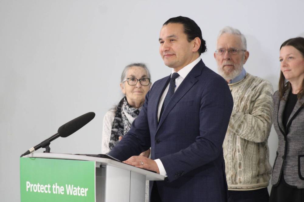 GREG VANDERMEULEN THE CARILLON
Premier Wab Kinew pauses as the crowd applauds the Feb. 16 announcement to deny Sio Silica an environmental licence.
