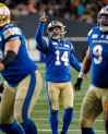 Winnipeg Blue Bombers kicker Sergio Castillo (14) makes the field goal against the B.C. Lions during second half CFL Western Division final football action in Winnipeg Saturday, November 11, 2023.    THE CANADIAN PRESS/John Woods