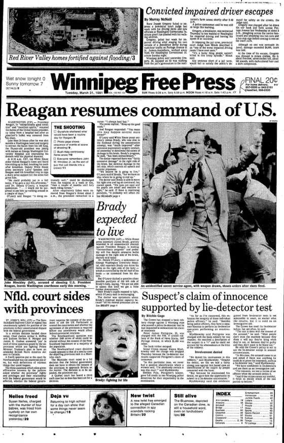 The front page of the Winnipeg Free Press on March 31, 1981.