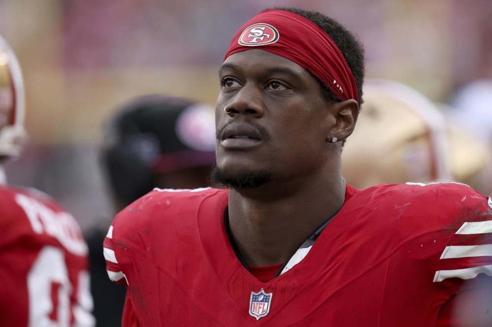 FILE - San Francisco 49ers linebacker Randy Gregory on the sideline during an NFL football game against the Seattle Seahawks, Dec. 10, 2023, in Santa Clara, Calif. Gregory was a no-show for the start of Tampa Bay Buccaneers training camp and placed on the Reserve/Did Not Report list Tuesday, July 23, 2024. (AP Photo/Scot Tucker, File)