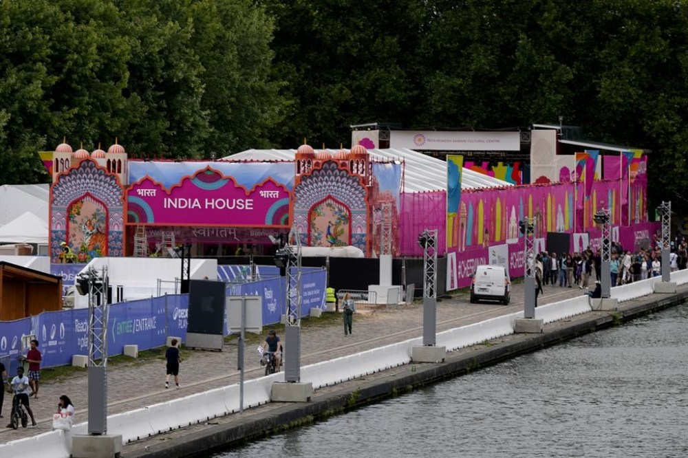 India's house is seen near the canal at Parc de la Villette ahead of the 2024 Summer Olympics, Tuesday, July 23, 2024, in Paris, France. (AP Photo/Natacha Pisarenko)