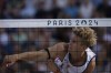 Netherlands' Steven Van De Velde hits the ball during the men's pool B beach volleyball match between Norway and Netherlands at Eiffel Tower Stadium at the 2024 Summer Olympics, Friday, Aug. 2, 2024, in Paris, France. (AP Photo/Louise Delmotte)