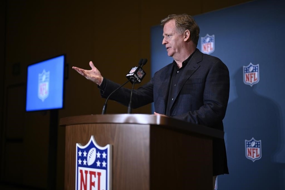 FILE - NFL commissioner Roger Goodell addresses reporters at the end of the NFL football owners meetings, Tuesday, March 26, 2024, in Orlando, Fla. (AP Photo/Phelan M. Ebenhack, File)