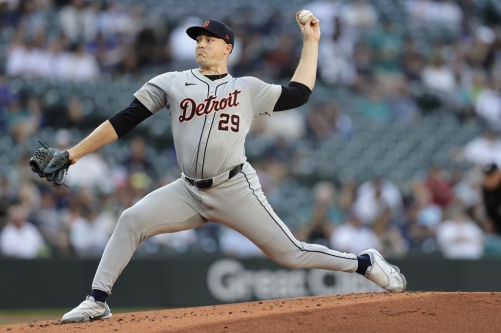 Detroit Tigers starting pitcher Tarik Skubal throws against the Seattle Mariners during the first inning in a baseball game, Wednesday, Aug. 7, 2024, in Seattle. (AP Photo/John Froschauer)