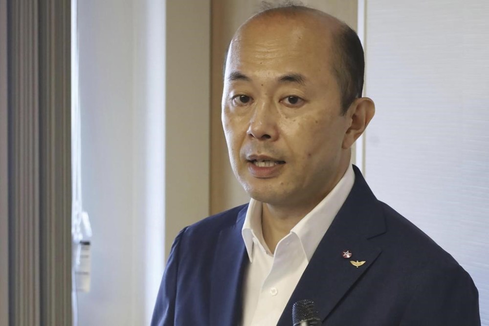 Nagasaki Mayor Shiro Suzuki speaks to the media at the city hall in Nagasaki western Japan, Thursday, Aug. 8, 2024.(Kyodo News via AP)