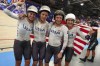 From left, United States' Jennifer Valente, Chloe Dygert, Lily Williams and Kristen Faulkner celebrate winning the gold medal in the women's team pursuit event, at the Summer Olympics, Wednesday, Aug. 7, 2024, in Paris, France. (AP Photo/Thibault Camus)