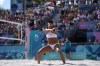 Canada's Brandie Wilkerson returns a shot against Spain in a quarterfinal beach volleyball match at the 2024 Summer Olympics, Wednesday, Aug. 7, 2024, in Paris, France. THE CANADIAN PRESS/AP/Robert F. Bukaty