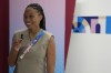 Olympian Allyson Felix speaks to the media, during the 2024 Summer Olympics, Thursday, Aug. 8, 2024, in Paris, France. (AP Photo/Abbie Parr)