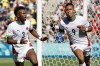 Morocco's Soufiane Rahimi, right, celebrates after scoring a goal during the men's bronze medal soccer match at the 2024 Summer Olympics, Thursday, Aug. 8, 2024, in Nantes, France. (AP Photo/Jeremias Gonzalez)