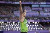 Arshad Nadeem, of Pakistan, reacts after a throw during the men's javelin throw final at the 2024 Summer Olympics, Thursday, Aug. 8, 2024, in Saint-Denis, France. (AP Photo/Matthias Schrader)