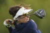 Maria Jose Uribe, of Colombia, hits her shot from the 14th tee during the third round of the women's golf event at the 2024 Summer Olympics, Friday, Aug. 9, 2024, at Le Golf National, in Saint-Quentin-en-Yvelines, France. (AP Photo/Matt York)