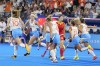 Netherlands' Yibbi Jansen, second from left, celebrates after scoring her side's first goal during the women's gold medal field hockey match between Netherlands and China at the Yves-du-Manoir Stadium during the 2024 Summer Olympics, Friday, Aug. 9, 2024, in Colombes, France. (AP Photo/ Anjum Naveed)