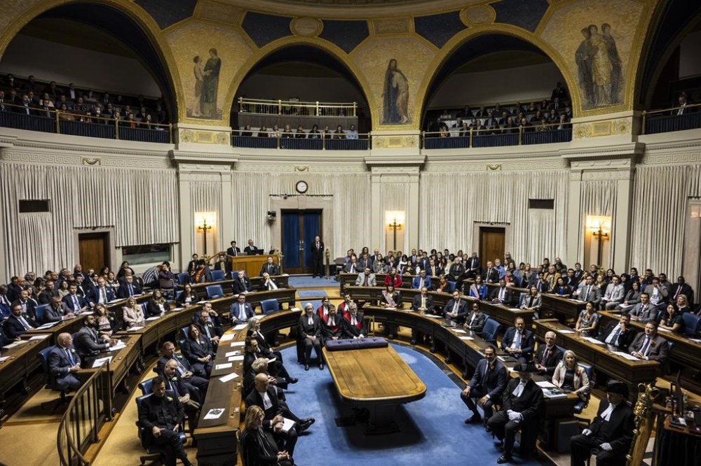 The legislative assembly during the first session of the 43rd Manitoba legislature throne speech at the Manitoba Legislative Building in Winnipeg, Tuesday, Nov. 21, 2023. Manitoba New Democrats are accusing a member of the Progressive Conservatives of violating ethics guidelines — a charge the Tories say is false. THE CANADIAN PRESS/Aaron Vincent Elkaim
