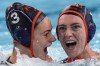 Netherland's Sabrina Van Der Sloot, right, celebrates with teammate Brigitte Sleeking after scoring against United States during the women's bronze medal water polo match at the 2024 Summer Olympics, Saturday, Aug. 10, 2024, in Paris, France. (AP Photo/Luca Bruno)
