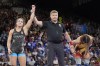 Canada's Ana Paula Godinez Gonzalez celebrates after defeating Romania's Kriszta Incze, in red, in their women's freestyle 62kg repechage wrestling match, at Champ-de-Mars Arena, during the 2024 Summer Olympics, in Paris, France, Saturday, Aug. 10, 2024. THE CANADIAN PRESS/AP-Eugene Hoshiko