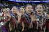 Team China reacts after winning the gold medal in the group all-around rhythmic gymnastics at La Chapelle Arena during the 2024 Summer Olympics, Saturday, Aug. 10, 2024, in Paris, France. (AP Photo/Dar Yasin)