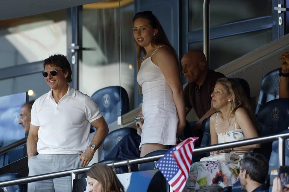Tom Cruise watches the women's soccer gold medal match between Brazil and the United States at the Parc des Princes during the 2024 Summer Olympics, Saturday, Aug. 10, 2024, in Paris, France. (AP Photo/Aurelien Morissard)