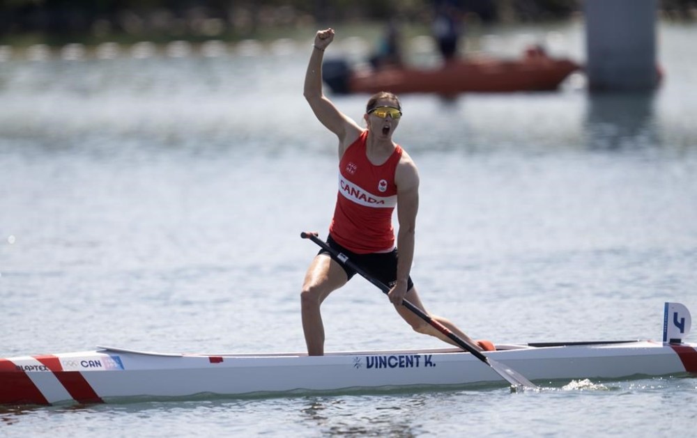 Katie Vincent, from Mississauga, Ont. celebrates after winning gold in the 200-metre canoe single final at the Summer Olympics, in Vaires-sur-Marne, France, Saturday, Aug. 10, 2024. THE CANADIAN PRESS/Adrian Wyld