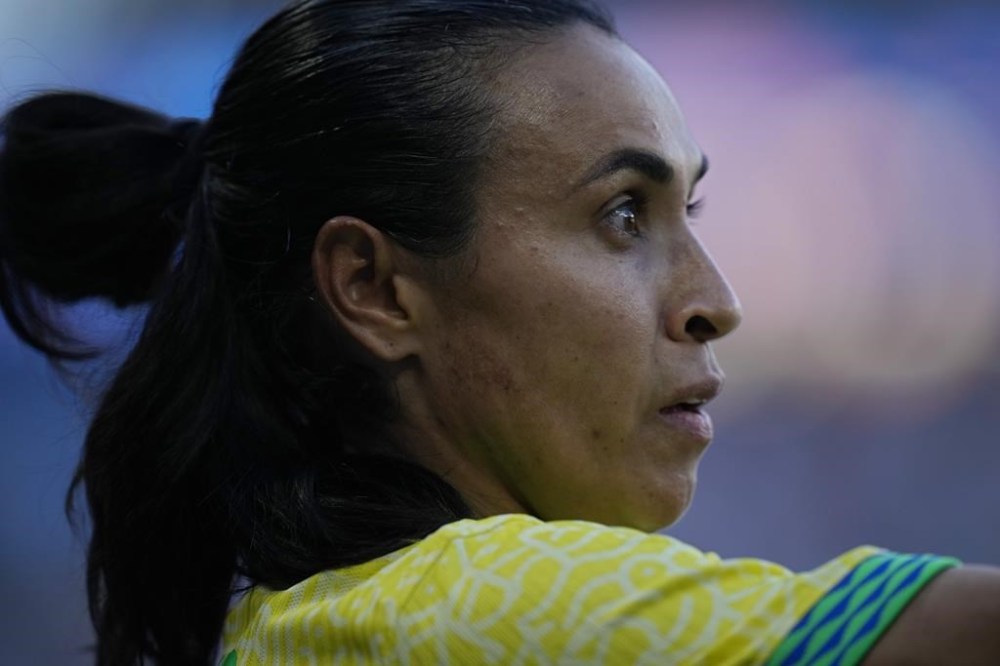 Brazil's Marta reacts during the women's soccer gold medal match between Brazil and the United States at the Parc des Princes during the 2024 Summer Olympics, Saturday, Aug. 10, 2024, in Paris, France. (AP Photo/Francisco Seco)