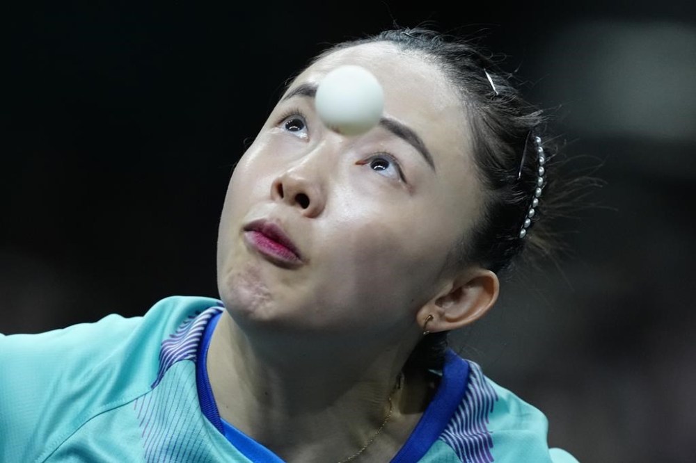 South Korea's Jeon Jihee plays against Germany's Shan Xiaona during the women's bronze medal team table tennis match at the 2024 Summer Olympics, Saturday, Aug. 10, 2024, in Paris, France. (AP Photo/Petros Giannakouris)