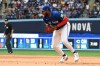 Toronto Blue Jays first baseman Vladimir Guerrero Jr. (27) fields a ground ball off the bat of Oakland Athletics centre J.J. Bleday (not shown) in the sixth inning of an MLB baseball game in Toronto on Saturday, Aug 10, 2024. THE CANADIAN PRESS/Jon Blacker