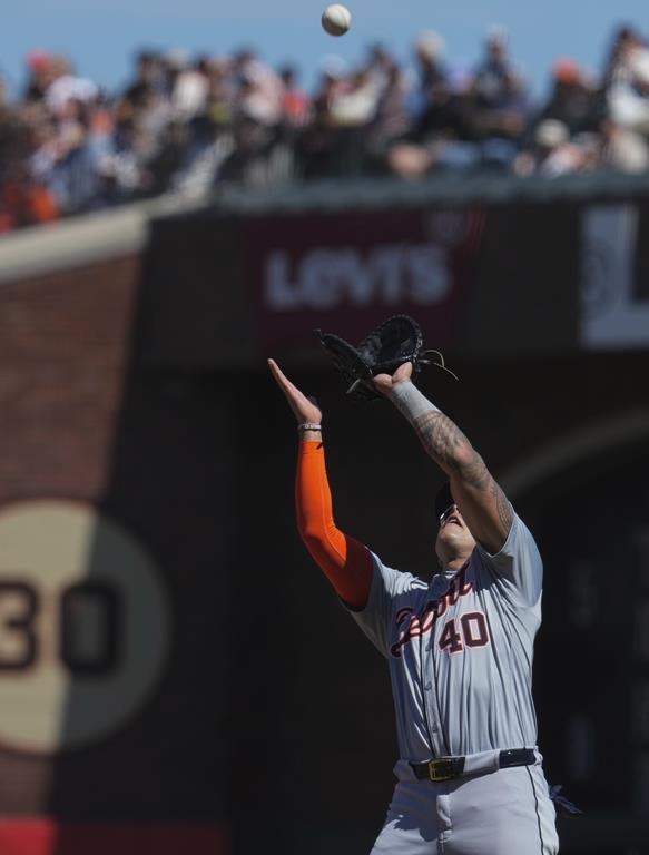 Detroit Tigers first baseman Bligh Madris catches a pop up hit by San Francisco Giants' Mark Canha during the eighth inning of a baseball game Saturday, Aug. 10, 2024, in San Francisco. (AP Photo/Godofredo A. Vásquez)