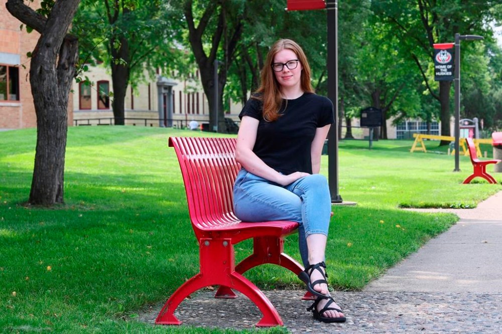 University student Christina Westman poses at St. Cloud State University, Tuesday, July 30, 2024, in St. Cloud, Minn. (AP Photo/Adam Bettcher)