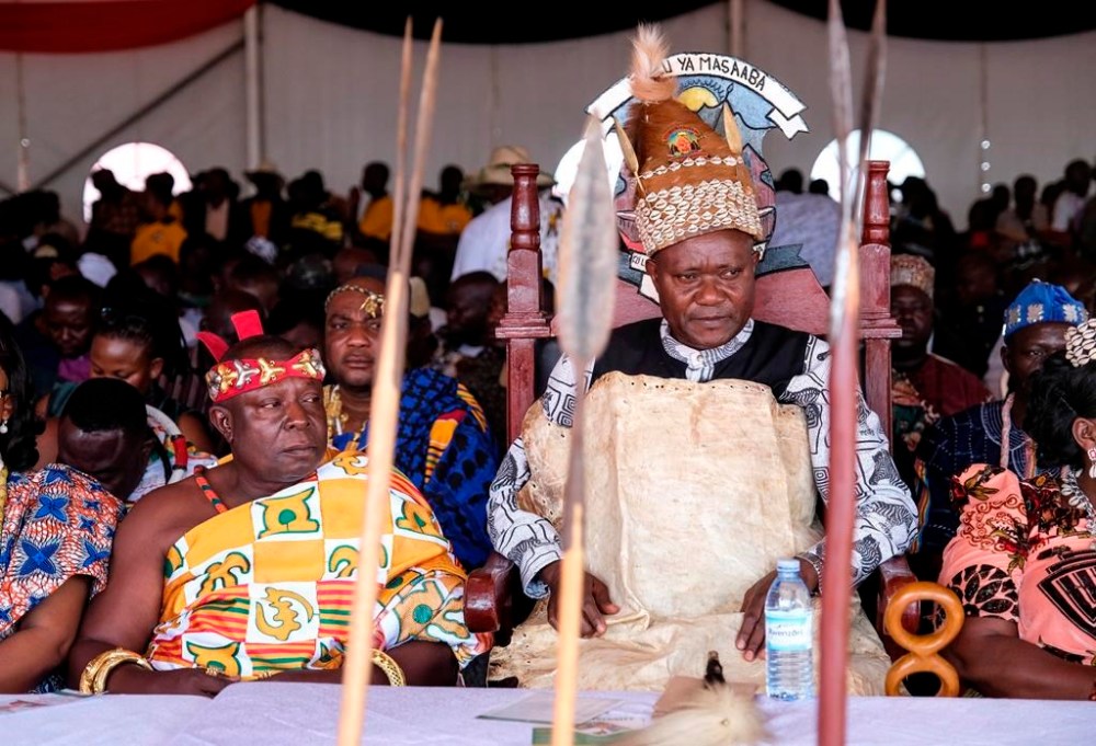 Jude Mike Mudoma_Umukuuka iii, right, and King Fiti Torgbi Amenya V, Paramount Chief of the Alfapo Traditional Area, left, from Ghana, attend the launch of the circumcision season, known as Imbalu, in Mbale Village, Eastern Uganda, Saturday, Aug. 3, 2024. (AP Photo/Hajarah Nalwadda)