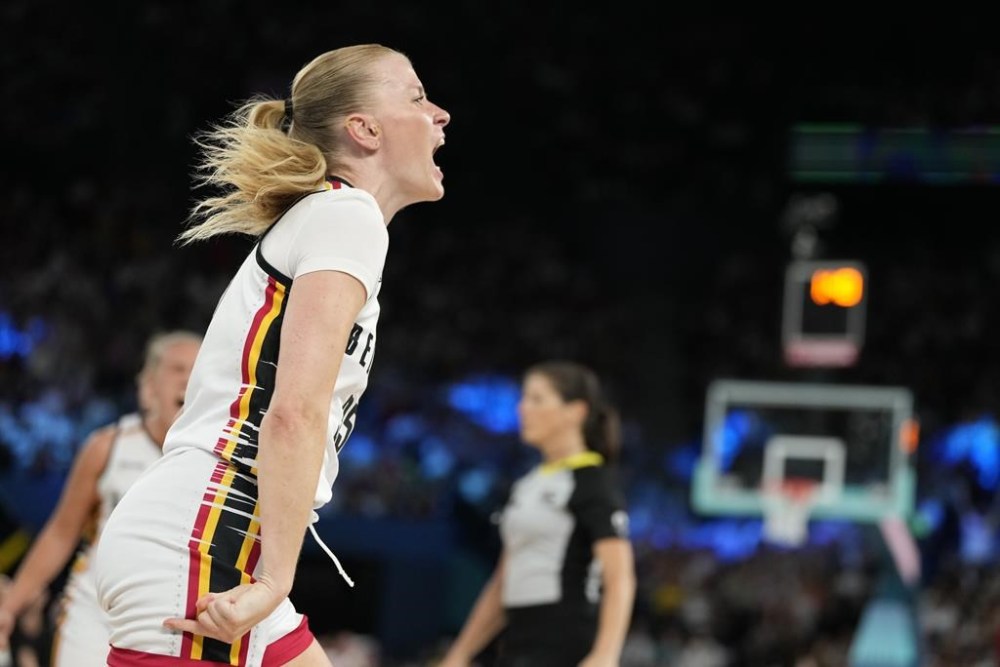 Julie Vanloo (35), of Belgium, reacts during a women's bronze medal basketball game at Bercy Arena at the 2024 Summer Olympics, Sunday, Aug. 11, 2024, in Paris, France. (AP Photo/Michael Conroy)