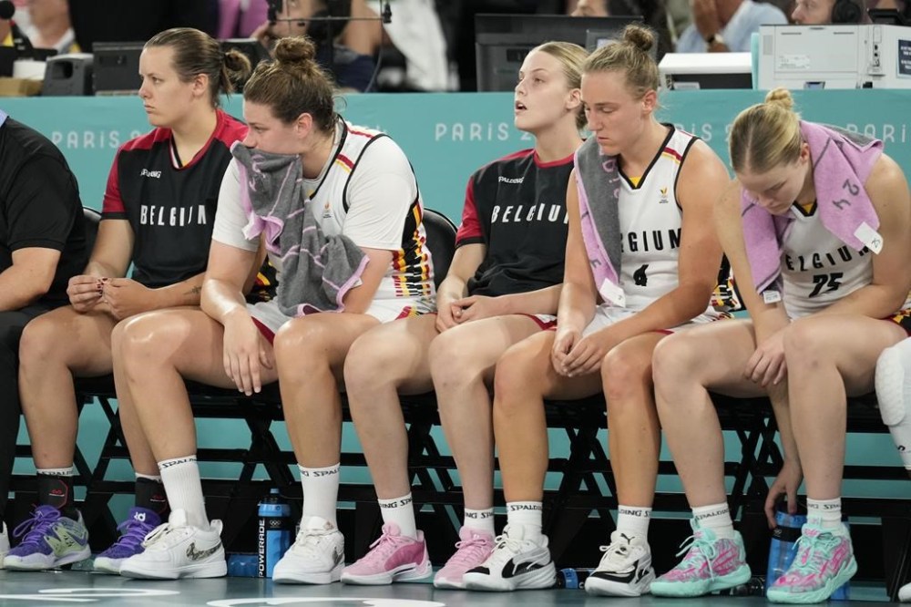 The Belgium bench during the final seconds of a women's bronze medal basketball game at Bercy Arena at the 2024 Summer Olympics, Sunday, Aug. 11, 2024, in Paris, France. (AP Photo/Mark J. Terrill)
