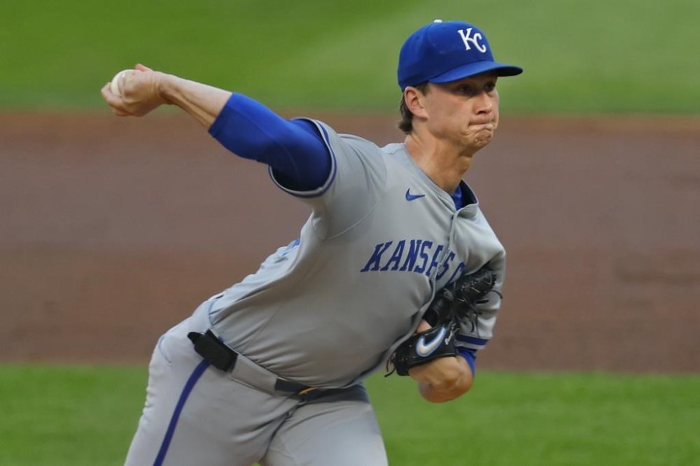Kansas City Royals starting pitcher Brady Singer strikes out Minnesota Twins' Max Kepler for his 600th career strikeout in the second inning of a baseball game Monday, Aug. 12, 2024, in Minneapolis. (AP Photo/Bruce Kluckhohn)