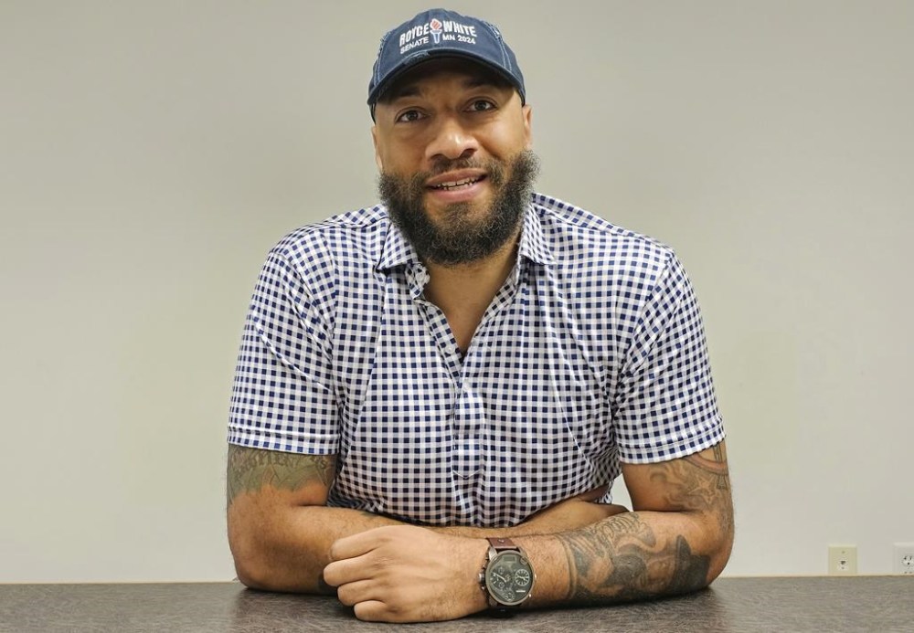 FILE - Republican Senate candidate Royce White talks during an interview with The Associated Press in Minneapolis, July 18, 2024. (AP Photo/Steve Karnowski, file)
