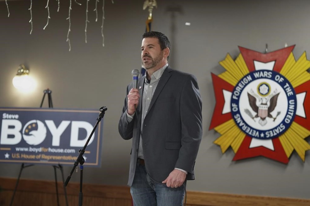 Steve Boyd, who is running against Michelle Fischbach in Minnesota's 7th congressional district, speaks Saturday, Jan. 6, 2024 Fergus Falls, Minn. (Glen Stubbe/Star Tribune via AP)