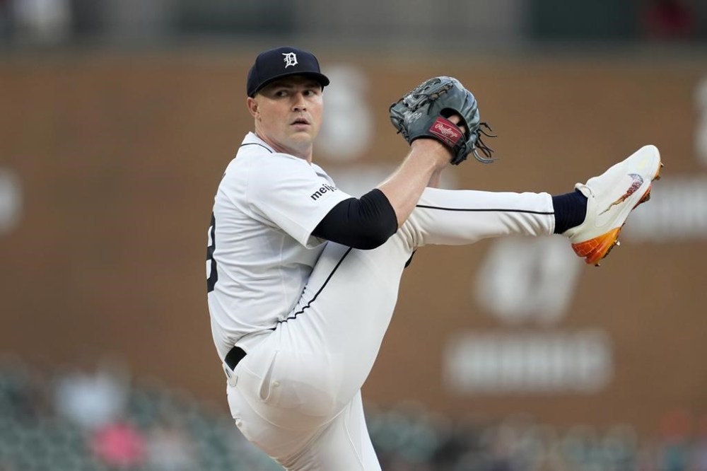 Detroit Tigers pitcher Tarik Skubal throws against the Seattle Mariners in the first inning of a baseball game, Tuesday, Aug. 13, 2024, in Detroit. (AP Photo/Paul Sancya)