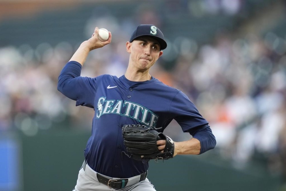 Seattle Mariners pitcher George Kirby throws against the Detroit Tigers in the first inning of a baseball game, Tuesday, Aug. 13, 2024, in Detroit. (AP Photo/Paul Sancya)