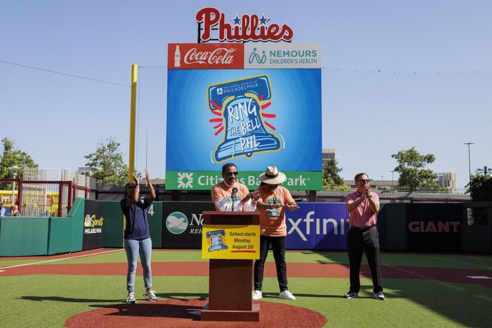 Dr. Tony Watlington Sr. Ed.D, Superintendent of Philadelphia schools helps kick off the Ring the Bell PHL campaign at Citizens Bank Park on Tuesday, August 13, 2024. (Alejandro A. Alvarez/The Philadelphia Inquirer via AP)