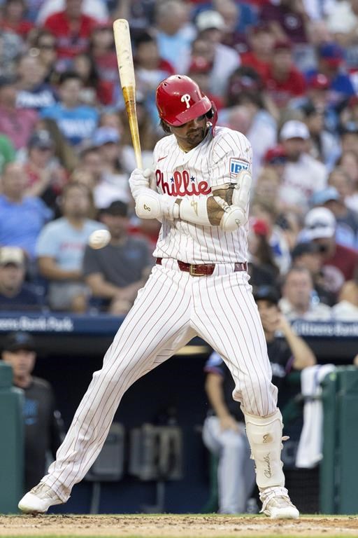 Philadelphia Phillies Nick Castellanos avoids an inside pitch from Miami Marlins pitcher Edward Cabrera in the third inning of a baseball game, Wednesday, Aug. 14, 2024, in Philadelphia. (AP Photo/Laurence Kesterson)