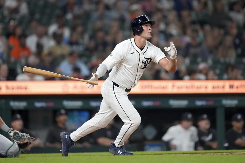 Detroit Tigers' Kerry Carpenter hits a two-run home run against the Seattle Mariners in the eighth inning of a baseball game, Wednesday, Aug. 14, 2024, in Detroit. (AP Photo/Paul Sancya)