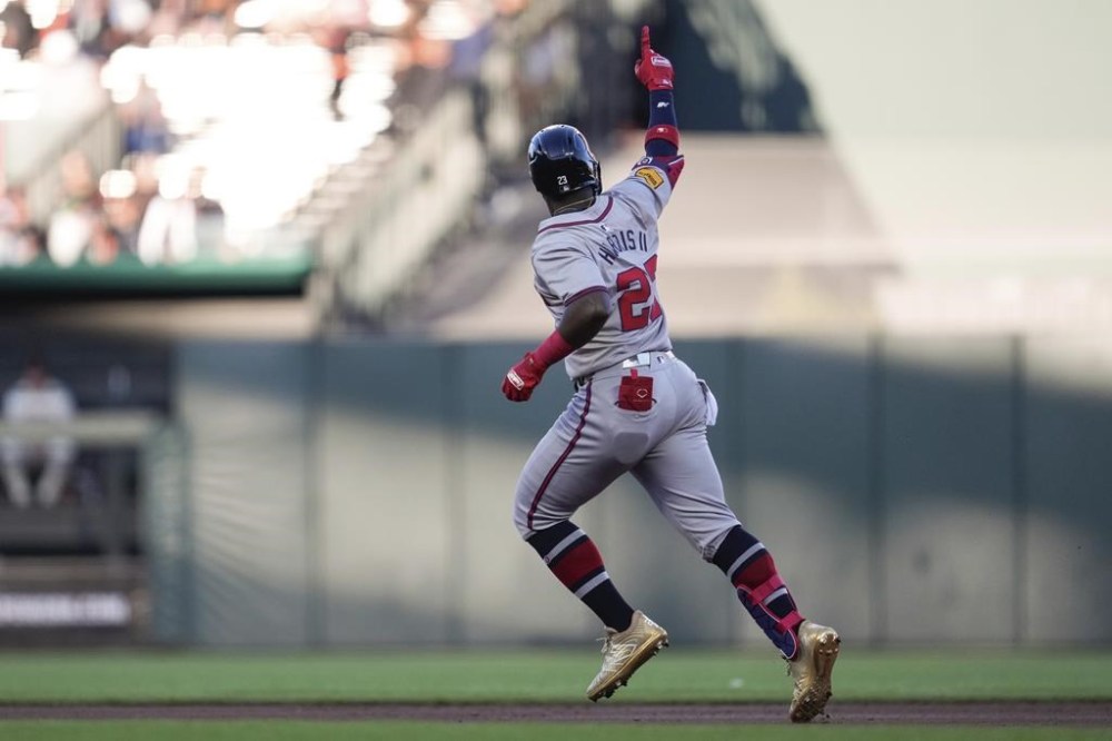 Atlanta Braves' Michael Harris II runs the bases after hitting a grand slam against the San Francisco Giants during the first inning of a baseball game Wednesday, Aug. 14, 2024, in San Francisco. (AP Photo/Godofredo A. Vásquez)