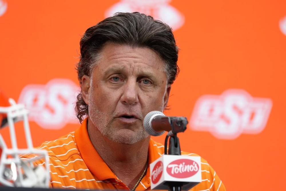 FILE - Oklahoma State head coach Mike Gundy speaks during the Big 12 NCAA college football media days in Las Vegas, Tuesday, July 9, 2024. (AP Photo/Lucas Peltier, File)