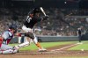 Baltimore Orioles' Coby Mayo (16) breaks a bat during the seventh inning of a baseball game against the Washington Nationals, Wednesday, Aug. 14, 2024, in Baltimore. (AP Photo/Stephanie Scarbrough)