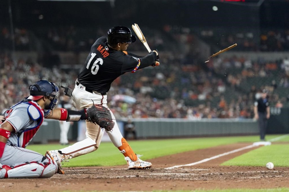 Baltimore Orioles' Coby Mayo (16) breaks a bat during the seventh inning of a baseball game against the Washington Nationals, Wednesday, Aug. 14, 2024, in Baltimore. (AP Photo/Stephanie Scarbrough)