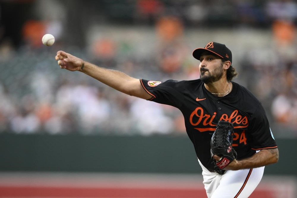 Baltimore Orioles starting pitcher Zach Eflin throws during the first inning of a baseball game against the Boston Red Sox, Thursday, Aug. 15, 2024, in Baltimore. (AP Photo/Nick Wass)