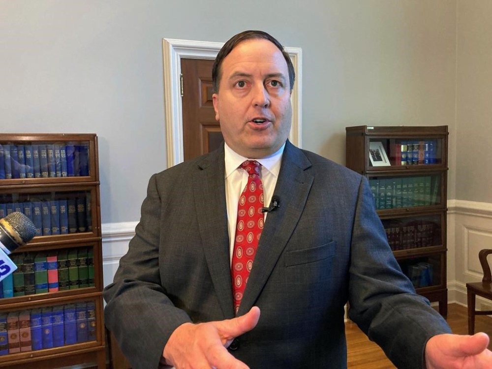 FILE - Missouri Secretary of State Jay Ashcroft speaks to reporters on June 29, 2022, at his Capitol office in Jefferson City, Mo. (AP Photo/David A. Lieb, File)