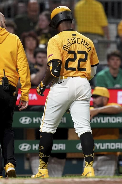 Pittsburgh Pirates' Andrew McCutchen leaves the field after an injury during the seventh inning of a baseball game against the Seattle Mariners, Friday, Aug. 16, 2024, in Pittsburgh. (AP Photo/Matt Freed)