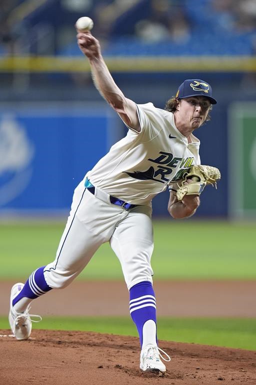 Tampa Bay Rays' Ryan Pepiot pitches to the Arizona Diamondbacks during the first inning of a baseball game Friday, Aug. 16, 2024, in St. Petersburg, Fla. (AP Photo/Chris O'Meara)