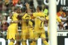 Barcelona's team players celebrate after Robert Lewandowski scored his side's first goal during the Spanish La Liga soccer match between Valencia and FC Barcelona at the Mestalla stadium in Valencia, Spain, Saturday, Aug. 17, 2024. (AP Photo/Alberto Saiz)