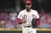 Cincinnati Reds' Hunter Greene pumps his fist after walking off the mound during the seventh inning of a baseball game against the St. Louis Cardinals, Tuesday, Aug. 13, 2024, in Cincinnati. (AP Photo/Kareem Elgazzar)